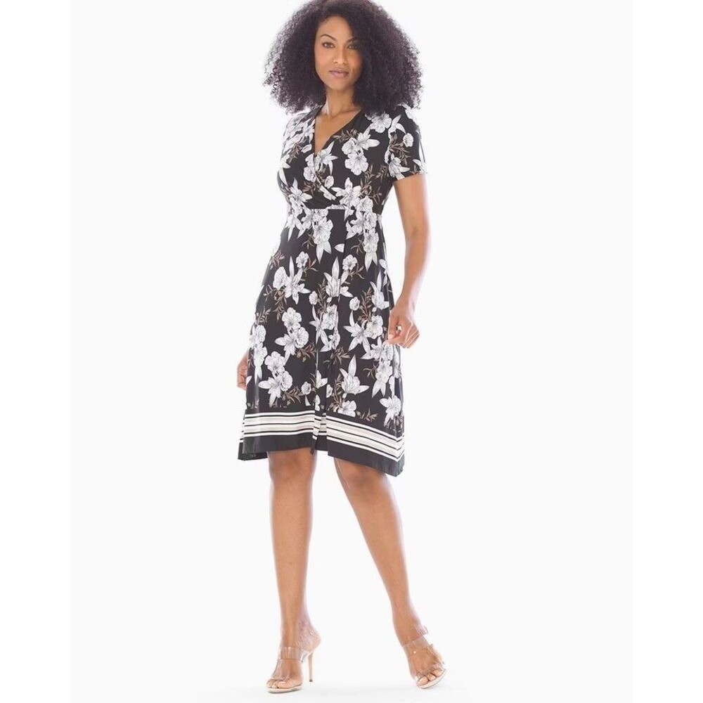 Soma Women's XL Black Lush Tropic Floral Faux Wrap Dress Stretch Resort Vacation
